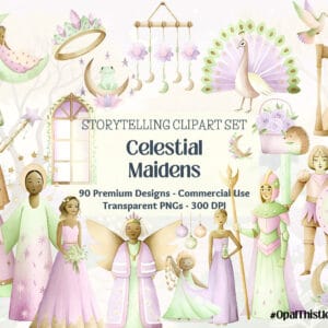Celestial Maidens Art, Ethereal Fantasy Clipart, Magical Storytelling Designs, Enchanted Craft Assets, 102 PNG Elements, Book Illustration