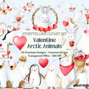 Arctic Valentine Animals, Romantic Winter Clipart, Storytelling Graphics for Crafters, Heart-Themed Illustrations, 96 PNG Collection