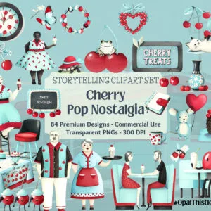 Cherry Pop Nostalgia, Retro Storytelling Graphics, 1950s Diner Clipart, Charming Character Illustrations, Crafting, 84 PNG Design Set
