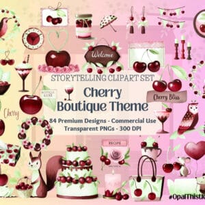 Cherry Boutique Clipart, Romantic Cherry Illustrations, Floral Cocktail Graphics, Whimsical Branding Art, Book Illustration Designs, 96 PNG