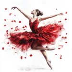 An elegant crimson ballerina poised in a graceful arabesque showcasing her flowing red tutu against a soft pastel background