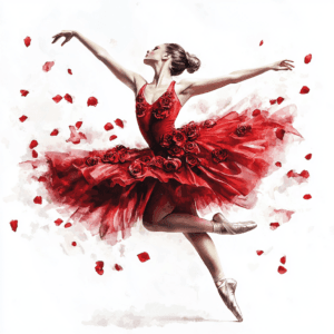 An elegant crimson ballerina poised in a graceful arabesque showcasing her flowing red tutu against a soft pastel background