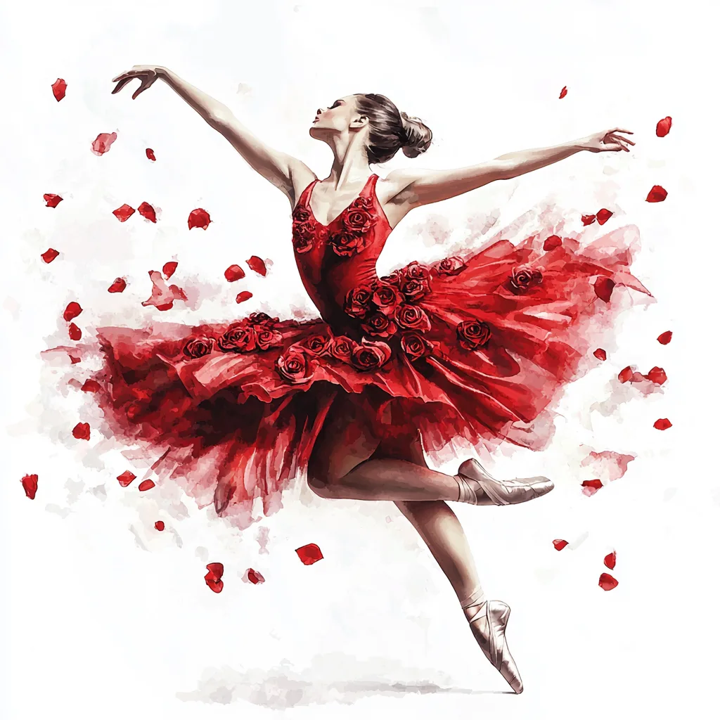 An elegant crimson ballerina poised in a graceful arabesque showcasing her flowing red tutu against a soft pastel background