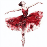 A delicate depiction of a ballerina performing an intricate pirouette surrounded by swirling ribbons of red and pink
