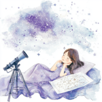 A whimsical scene of a shooting star streaking across a dark sky filled with glittering constellations