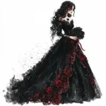 A gothic lady dressed in a flowing black gown with intricate lace details stands against a dark forest backdrop