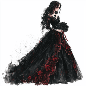 A gothic lady dressed in a flowing black gown with intricate lace details stands against a dark forest backdrop