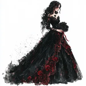 A gothic lady dressed in a flowing black gown with intricate lace details stands against a dark forest backdrop