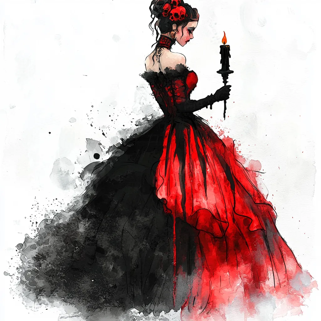 A mysterious woman with striking red hair wearing a black corset gazes thoughtfully into the distance