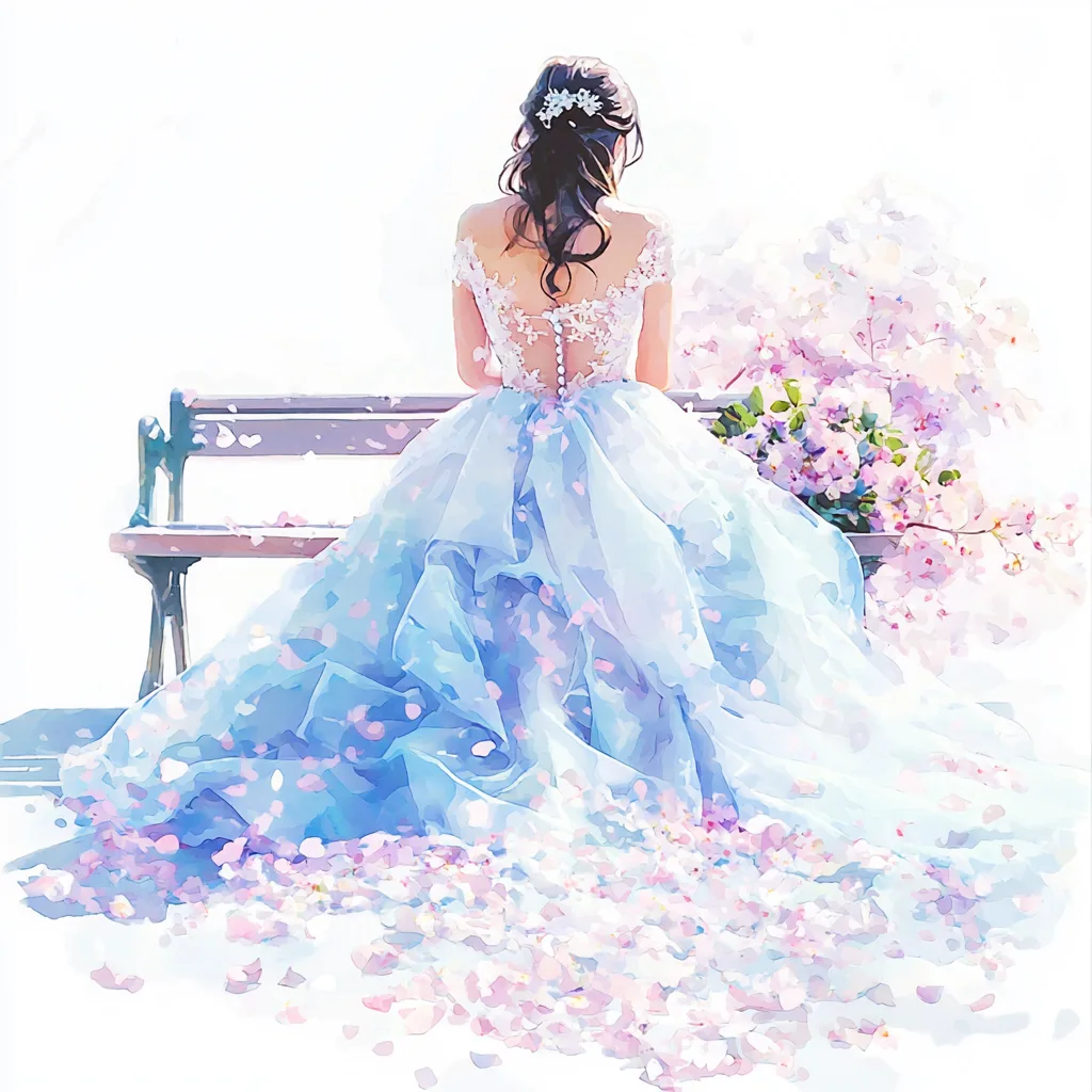 A delicate watercolor illustration of a bride with a floral crown surrounded by soft pink cherry blossoms