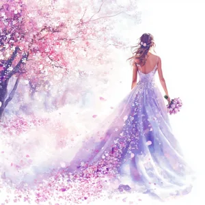 A graceful bride in a flowing white gown adorned with cherry blossoms stands in a serene garden