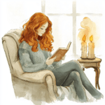 A charming image of a red-haired girl nestled in a blanket with an open book
