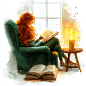 A red-haired girl reading a book by candlelight surrounded by warm golden hues