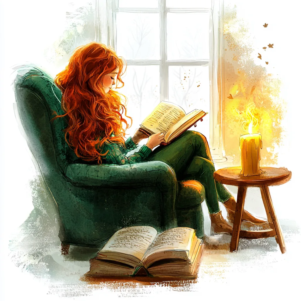 A red-haired girl reading a book by candlelight surrounded by warm golden hues