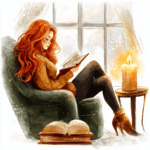 A serene illustration of a woman with auburn hair immersed in a novel under soft lighting