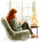 A whimsical depiction of a girl enjoying tea while lost in her favorite story