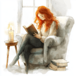 An inviting illustration showing a girl with auburn hair relaxing in a stylish reading space