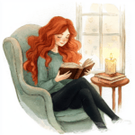 A peaceful moment captured with a woman gazing thoughtfully at her book in a cozy corner