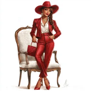 A stylish woman in a flowing cherry-red dress poses confidently against a minimalist white background
