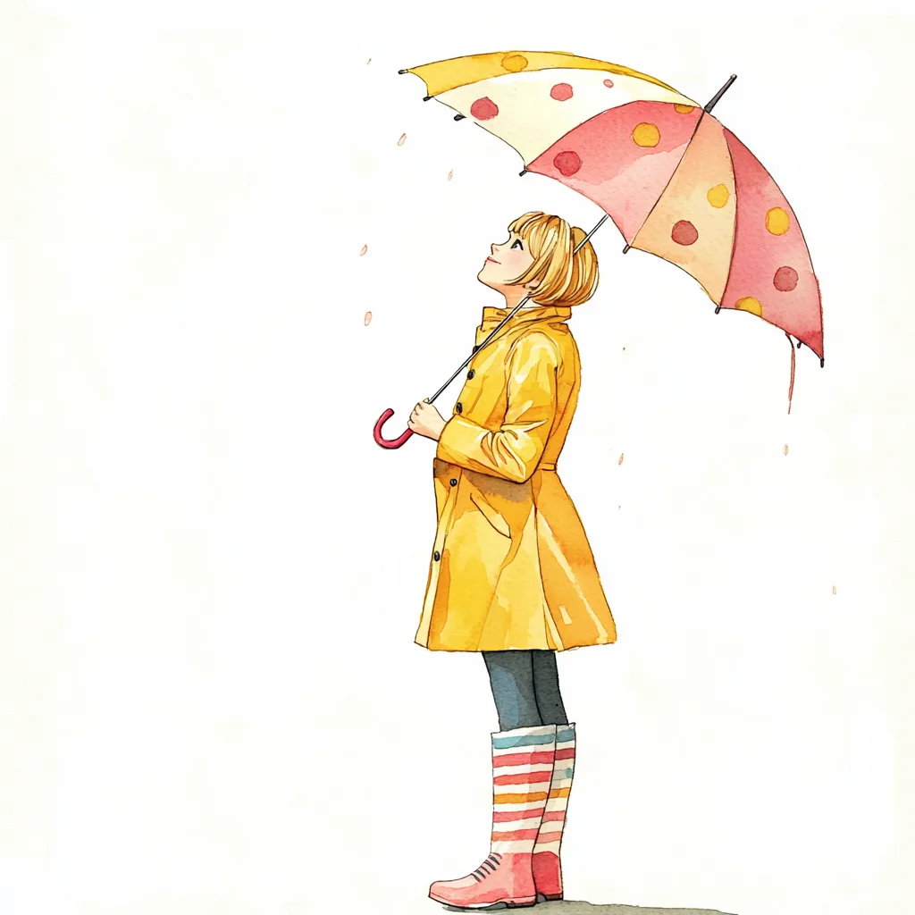 A charming girl in a yellow raincoat joyfully splashes in puddles with her bright red umbrella