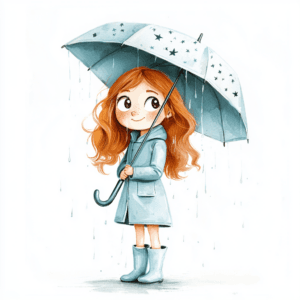 A whimsical girl with a polka dot umbrella dances in the rain surrounded by colorful raindrops