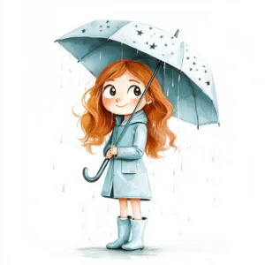 A whimsical girl with a polka dot umbrella dances in the rain surrounded by colorful raindrops