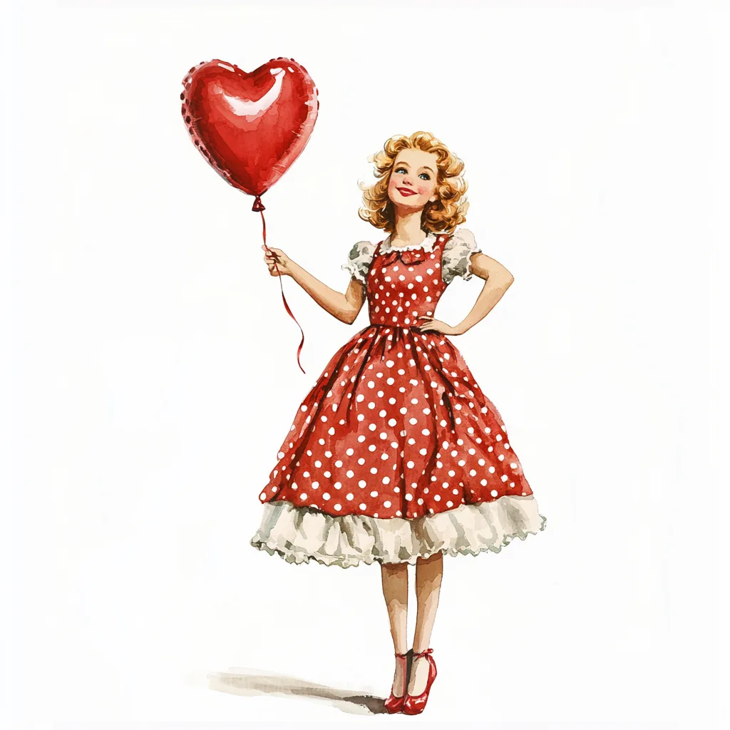 A whimsical girl in a vintage polka-dot dress joyfully holds a heart-shaped balloon against a soft pastel background
