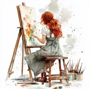 A young female artist wearing a light blue apron passionately painting on a canvas with vibrant colors