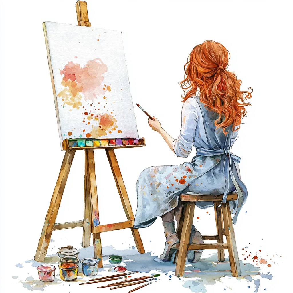 The artist's flowing hair cascades down her shoulders as she focuses intently on her artwork