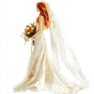 A graceful bride in a flowing white lace gown holds a vibrant bouquet of pink roses and greenery
