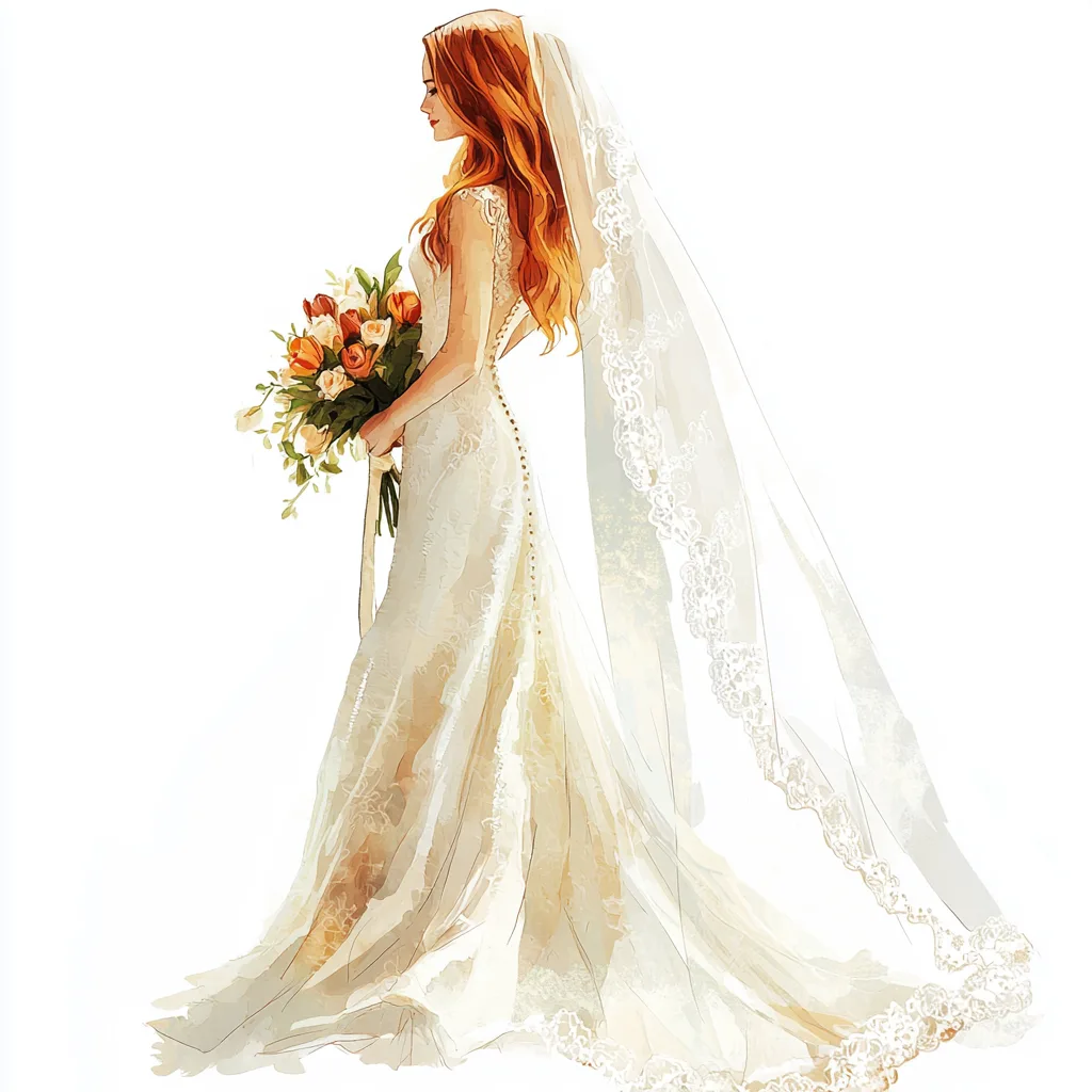 A graceful bride in a flowing white lace gown holds a vibrant bouquet of pink roses and greenery