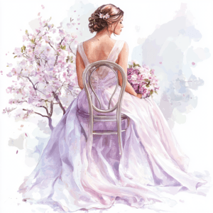 A graceful bride in a flowing white gown adorned with soft pink roses and green leaves