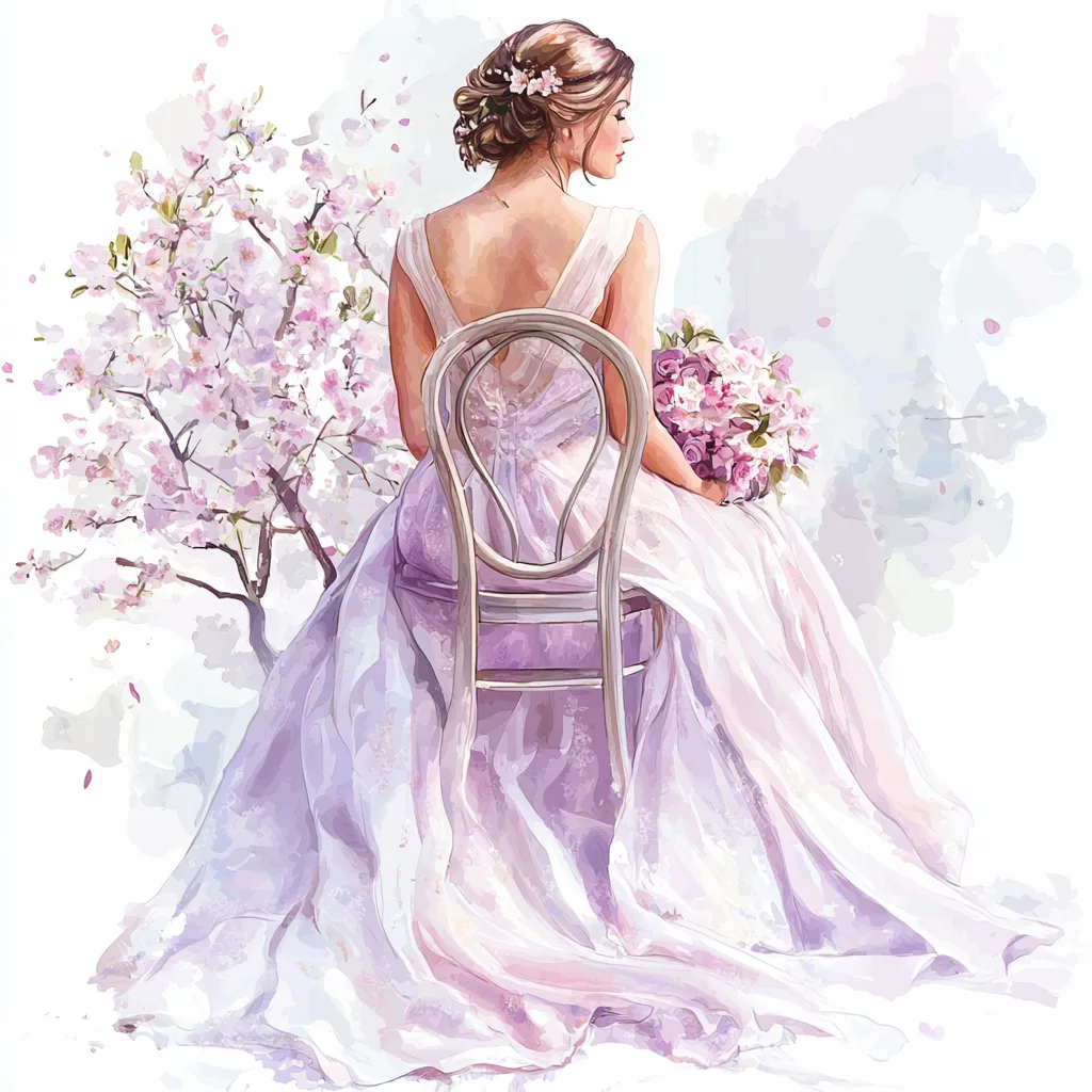 A graceful bride in a flowing white gown adorned with soft pink roses and green leaves