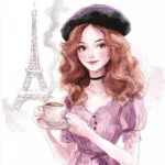 A stylish woman in a flowing red dress strolls past the Eiffel Tower against a pastel sunset sky