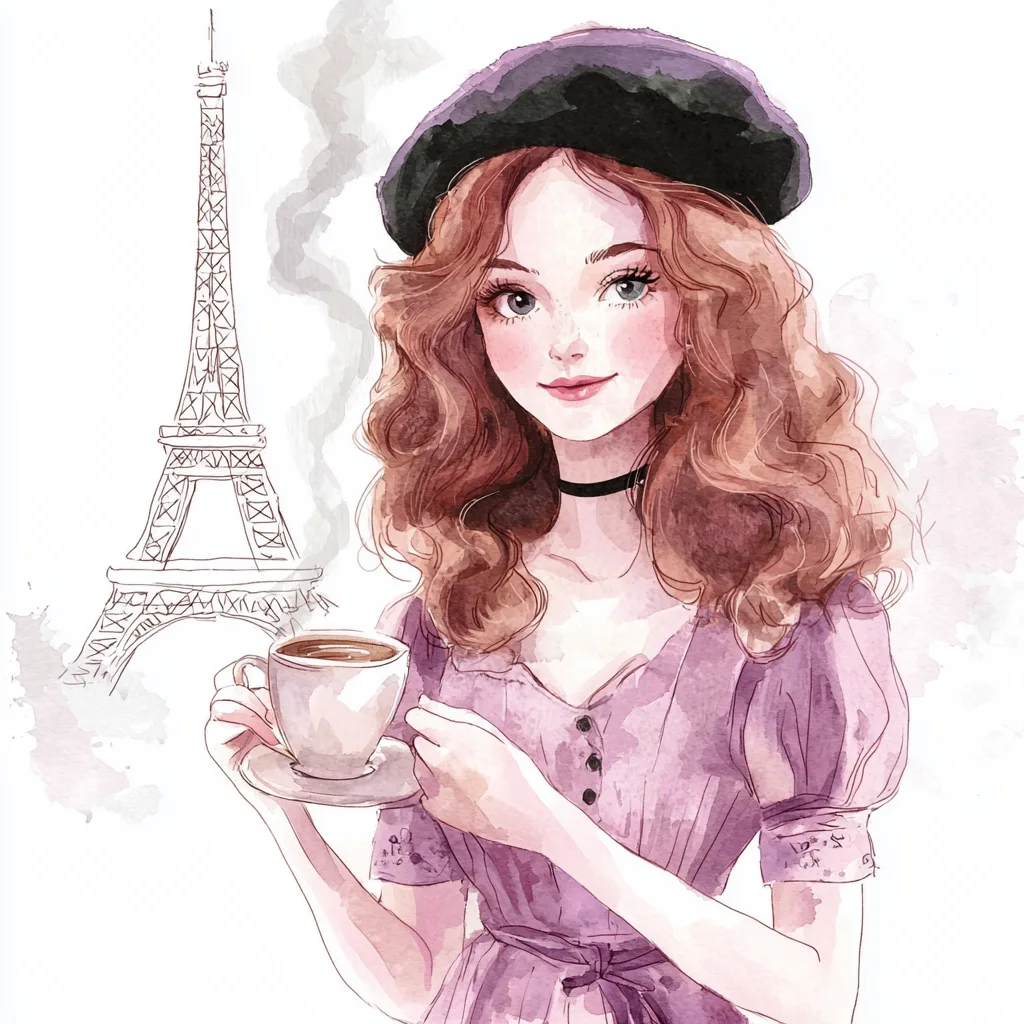 A stylish woman in a flowing red dress strolls past the Eiffel Tower against a pastel sunset sky