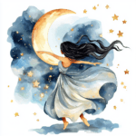 A delicate figure with outstretched arms embracing the beauty of the night adorned with sparkling elements