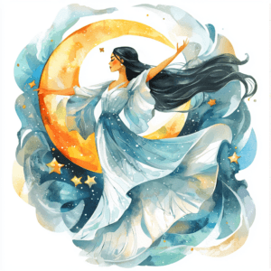 A graceful figure dancing joyfully beneath a crescent moon surrounded by twinkling stars