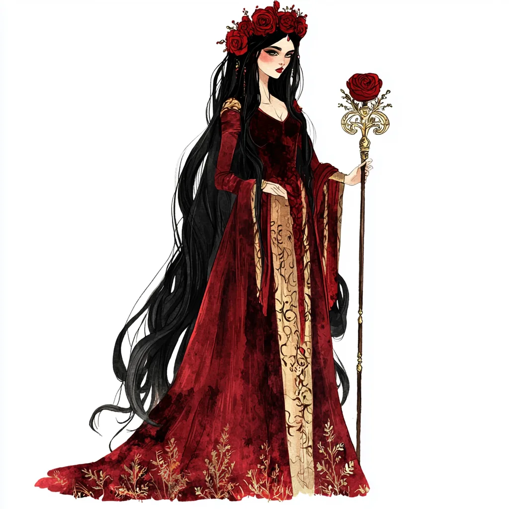 A mysterious figure in a black velvet dress standing against a backdrop of swirling dark clouds