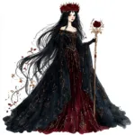 A majestic gothic queen wearing a flowing deep red gown adorned with intricate lace details