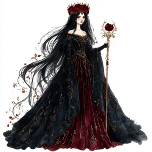 A majestic gothic queen wearing a flowing deep red gown adorned with intricate lace details