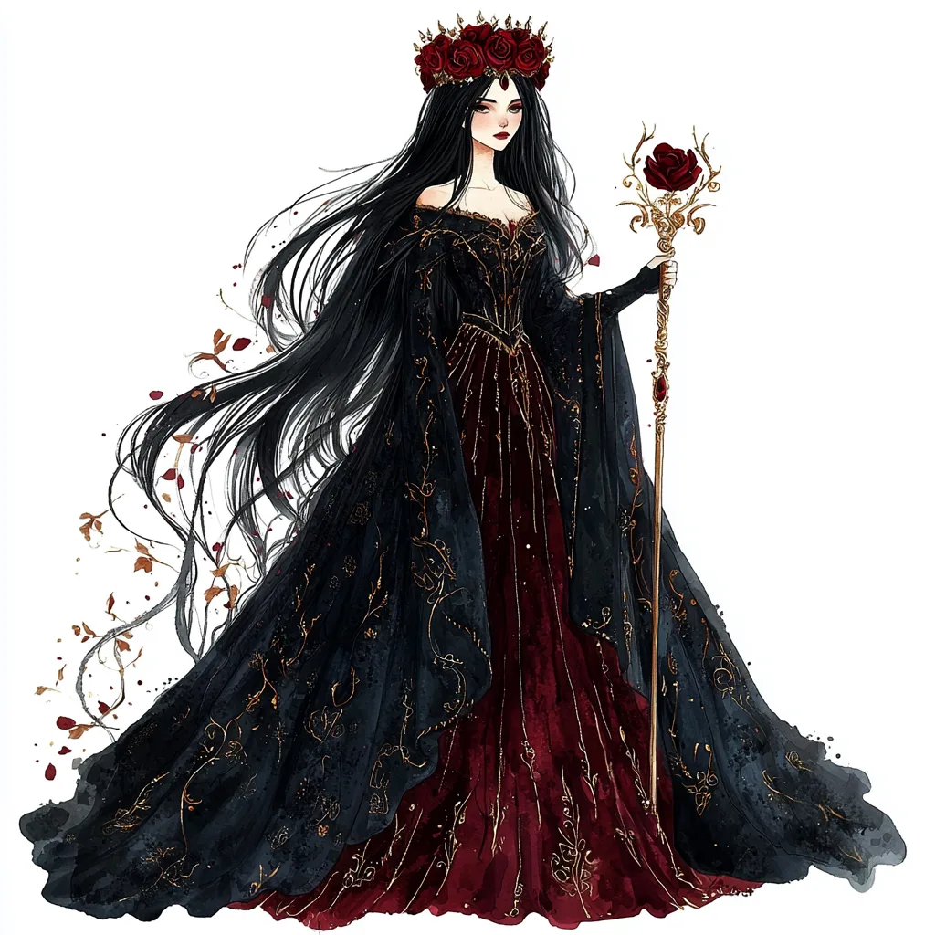 A majestic gothic queen wearing a flowing deep red gown adorned with intricate lace details