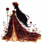 A beautiful art piece showcasing a gothic lady with a bouquet of dark roses in a misty forest setting