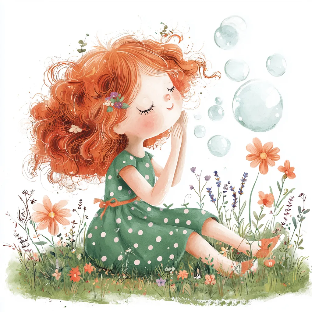A sweet girl wearing a pastel dress surrounded by floating bubbles and vibrant greenery in a serene setting