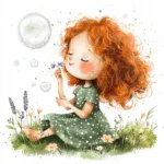 A whimsical red-haired girl joyfully blowing bubbles in a lush garden filled with colorful flowers