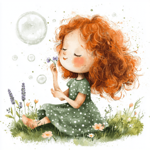 A whimsical red-haired girl joyfully blowing bubbles in a lush garden filled with colorful flowers