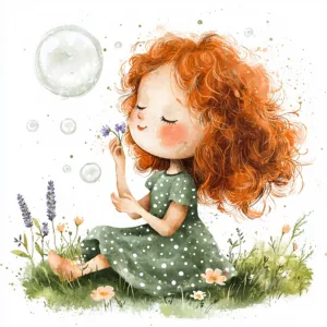 A whimsical red-haired girl joyfully blowing bubbles in a lush garden filled with colorful flowers