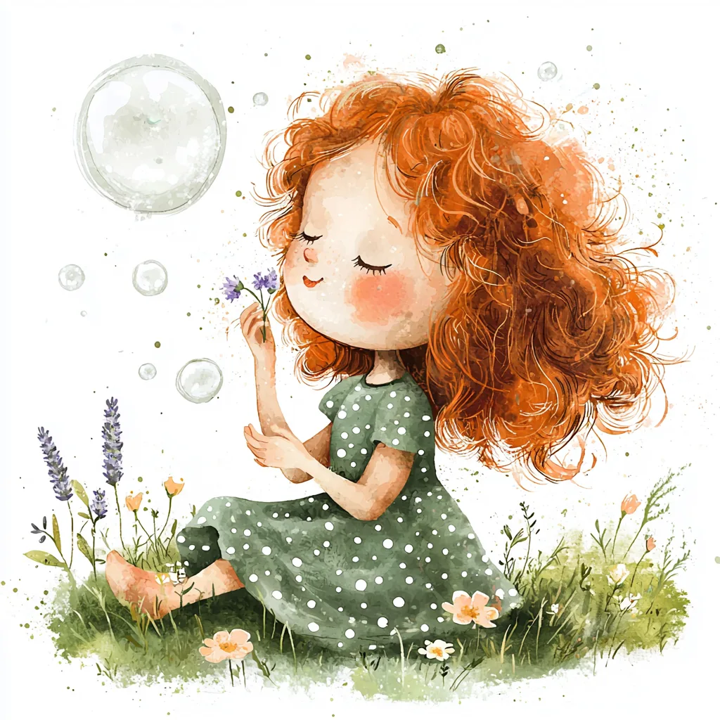 A whimsical red-haired girl joyfully blowing bubbles in a lush garden filled with colorful flowers