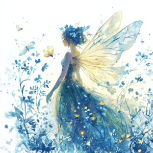 A whimsical fairy with iridescent wings floats among pastel flowers in a dreamy garden scene