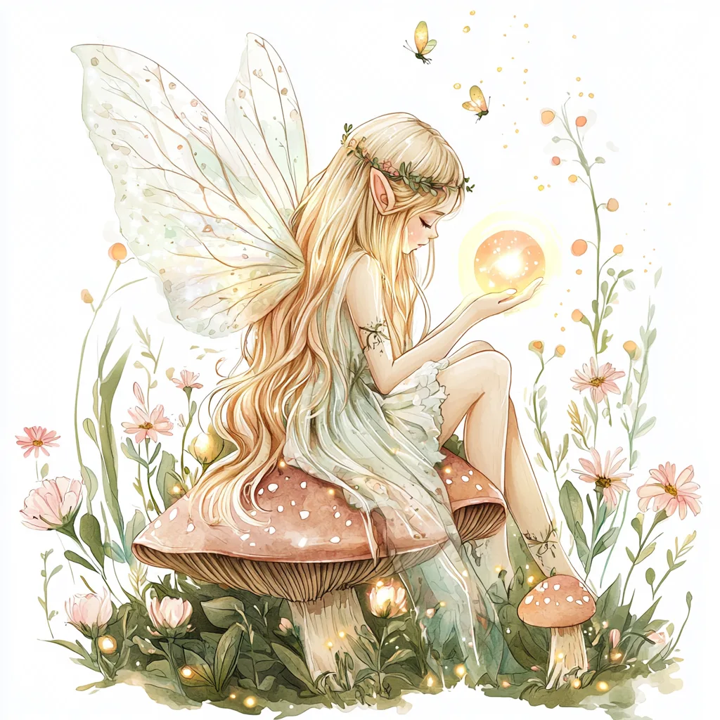 A delicate fairy with flowing golden hair gracefully floating above a cluster of colorful wildflowers
