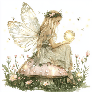 A whimsical blonde fairy sitting on a vibrant red mushroom surrounded by pastel pink flowers